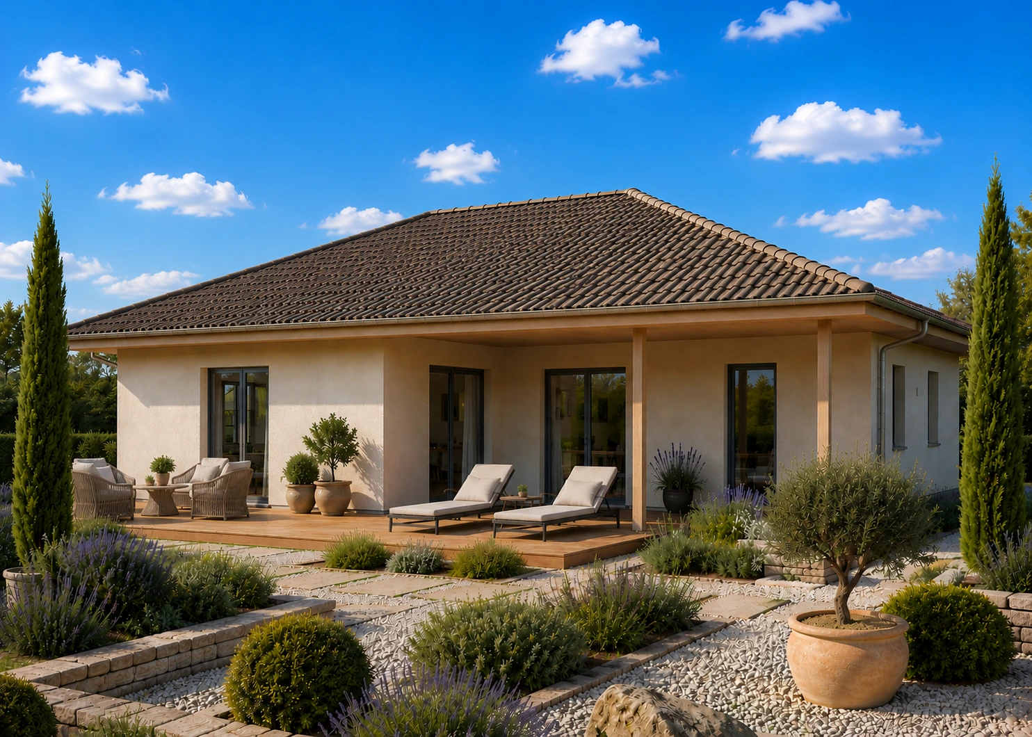 ComfortStyle-Bungalow mit mediterranem Garten und gemütlicher Terrasse.