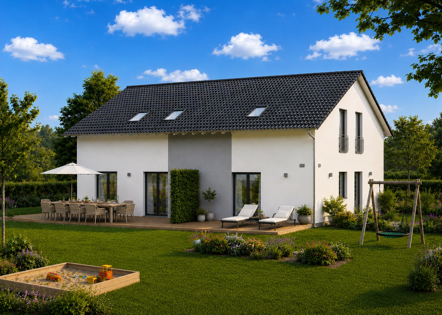 FamilyStyle-Mehrgenerationenhaus mit großer Terrasse, Familiengarten und Spielbereich.